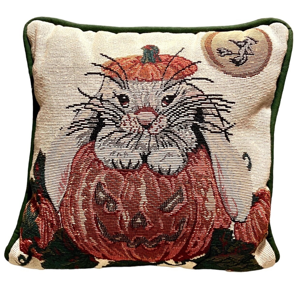Portofino Halloween Cat Pumpkin Tapestry Throw Pillow Woven Fall Decor 11x11